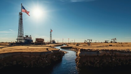 Fototapeta premium War-induced fluctuations in oil prices. Concept of price limits. Oil rigs in desert with American flag. Extraction of crude oil. Petroleum extraction