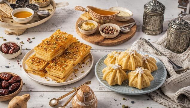 Oriental desserts kunafa and qatayef on a white wooden backdrop