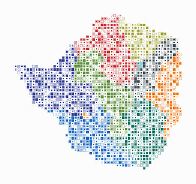 Zimbabwe, shape of the country build of colored cells. Digital style map of the Zimbabwe on white background. Small size square blocks. Amazing vector illustration.