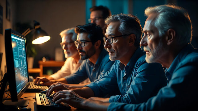 Tech professionals meticulously analyze complex data streams, illuminated by the soft glow of screens in a futuristic workspace.