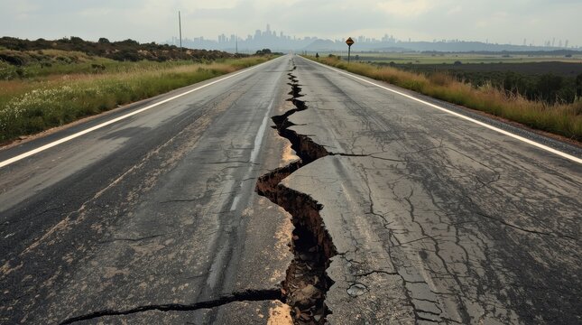 A damaged asphalt road featuring a deep crack, likely due to an earthquake or soil erosion, presents hazards for cars and walkers
