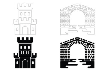 Naklejka premium Black silhouette castle tower and arch bridge icons