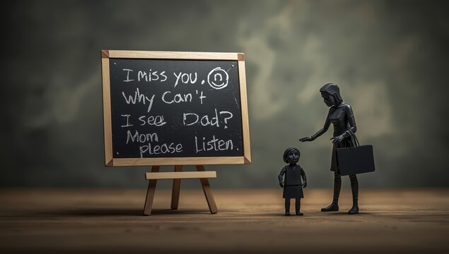 Parental estrangement. Chalk writing on a board and family silhouettes