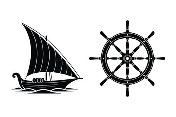 Sailing boat silhouette with sail, ship steering wheel silhouette © Sadek