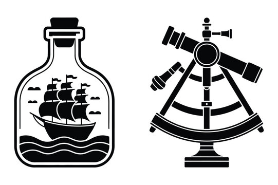 Ship in a bottle silhouette, nautical sextant silhouette