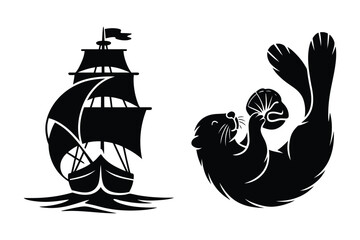 Sailing ship and playful sea otter silhouette vector icons © Sadek