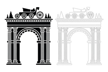 Obraz premium Classical archway with pillars and vintage automobile vector icon