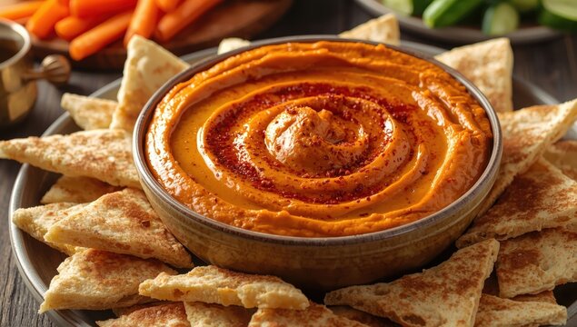 Pita bread with roasted red pepper dip. Nutritious snack