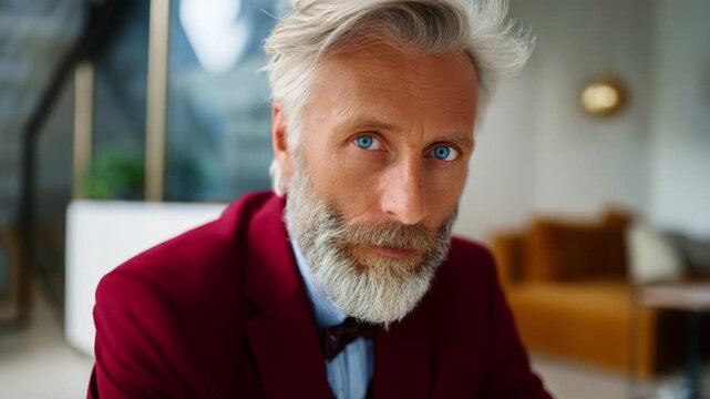 Confident mature man with striking blue eyes and a stylish beard, exuding charisma in a sophisticated environment with modern decor and vibrant colors.