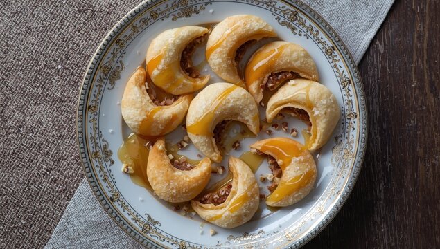 Plate of traditional Arabic Ramadan sweets, Qatayef. Bird's-eye view