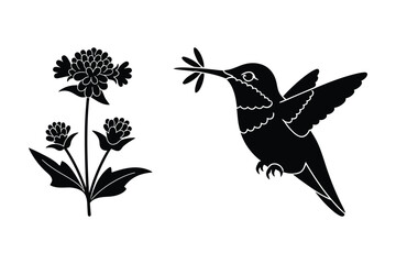 Fototapeta premium Hummingbird flying with leaf and botanical flower silhouette vector