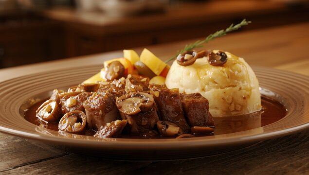 Pork cooked in sauce with potatoes and pickles