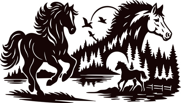 Wild Horse Silhouette in Forest Landscape with Moon and Birds
