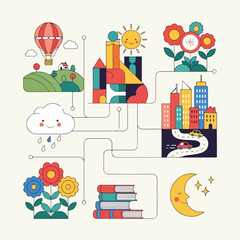 Colorful illustrated scene depicting a day's activities and elements © Asmiya