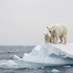Naklejka premium Polar Bear and Cub Standing on Ice Floe in the Arctic Ocean
