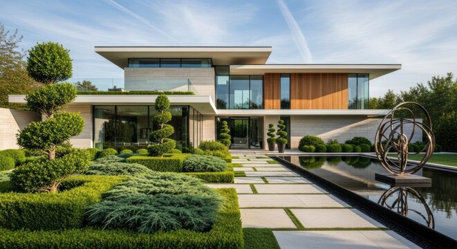 A modern, two-story house with a flat roof and large windows, surrounded by a well-maintained garden with neatly trimmed hedges and a reflective pool.