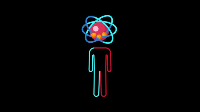 An abstract human figure features a vibrant atomic symbol in place of a head to suggest themes of nuclear physics or complex intellectual capability