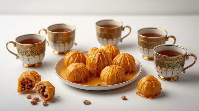 Qatayef desserts on a light backdrop with Arabic coffee mugs