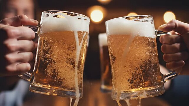 Close-up of two frothy beer mugs clinking together, splashing liquid