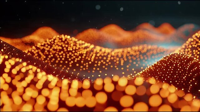 Abstract glowing landscape of golden particles forming rolling hills and mountains against a dark blue sky representing data visualization network connections and futuristic technology