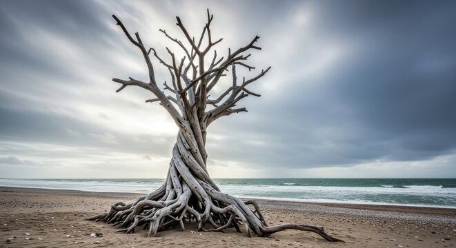 A large, twisted tree with gnarled branches and roots that extend into the sand, standing alone on a beach with the ocean in the background.