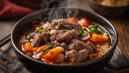 Fototapeta premium Rice prepared in a broth of beef head, bones, radish, and assorted vegetables