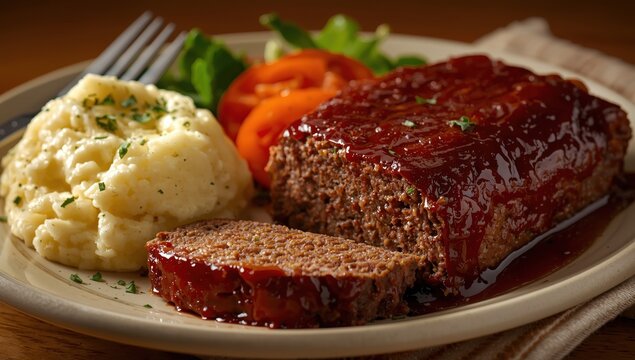 Robust barbecue meatloaf served with mashed potatoes