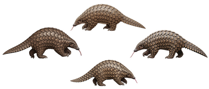 Four Pangolins Arranged in a Diamond Shape on a White Background.