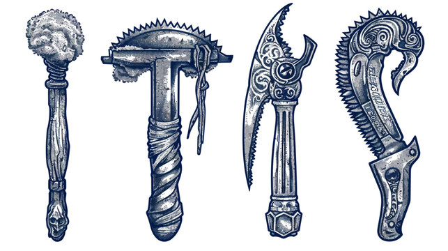 Four grey hand-drawn fantasy weapon drawings against a white background in a row