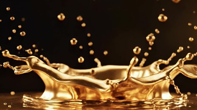 A golden liquid splashes upwards, forming a crown shape against a dark background