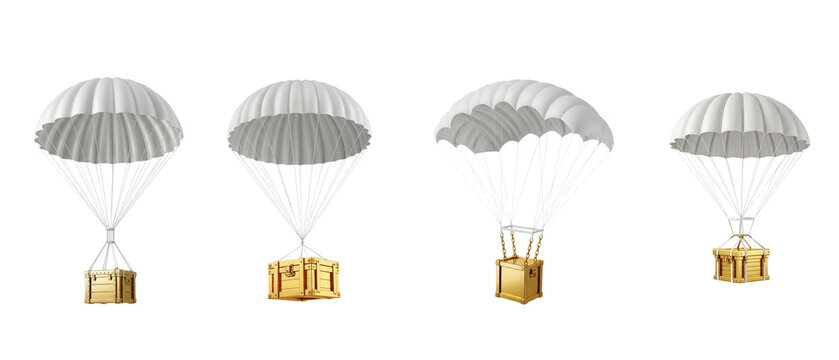 Four parachutes descending with cargo boxes.