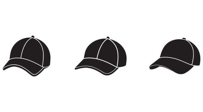 Black baseball caps with white trim in different angles  three black baseball caps with white trim isolated on white background