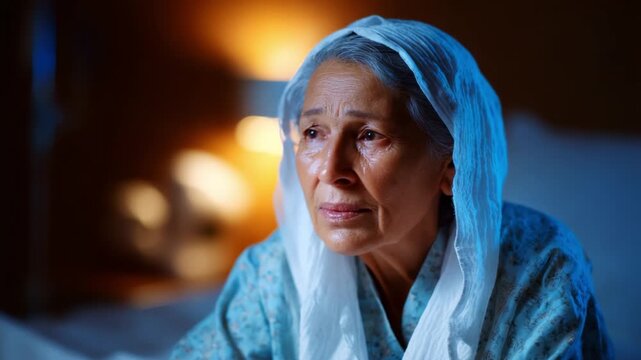 A contemplative elderly woman reflects on her life and emotions, showcasing deep thoughts and nuanced expressions in a serene, warmly lit room.