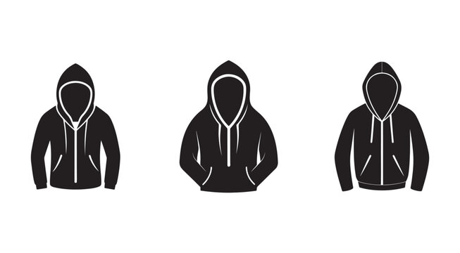 Black hooded sweatshirts with white outlines in various poses on white background  casual clothing and fashion concepts
