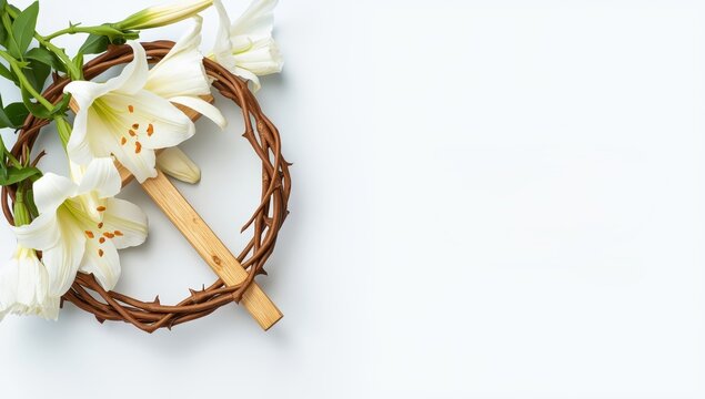 Scripture, flowers, crucifix, and thorn crown on bright backdrop with text area