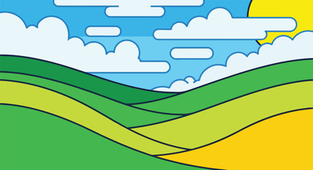 Obraz premium Colorful illustration of a landscape with clouds, sun, and rolling hills