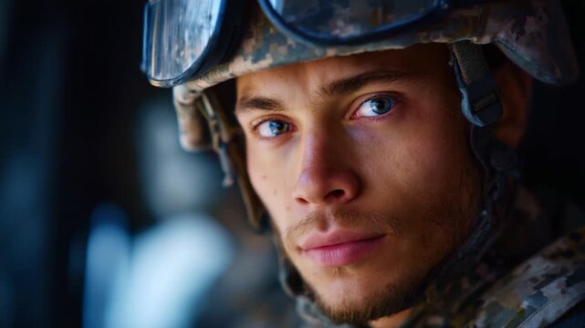 A close-up portrait of a determined young soldier in battle gear, showcasing expressive eyes and a resolute demeanor during a moment of contemplation and focus.