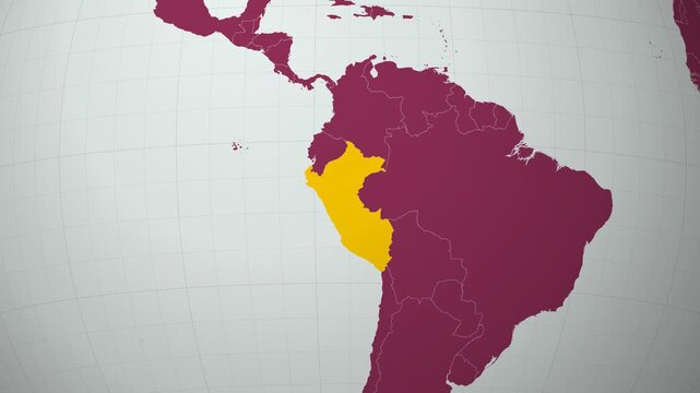 Peru map. Animated zoom into the country on the Globe in Pale Mint Dark Pink color palette. Country logo animation with round text and airplanes. Map with meridians, parallels. Awesome video.