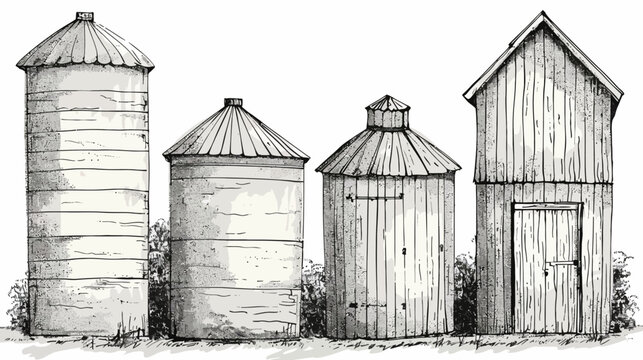 Rustic farm outbuildings illustration grain silos and barn. Aged, textured look