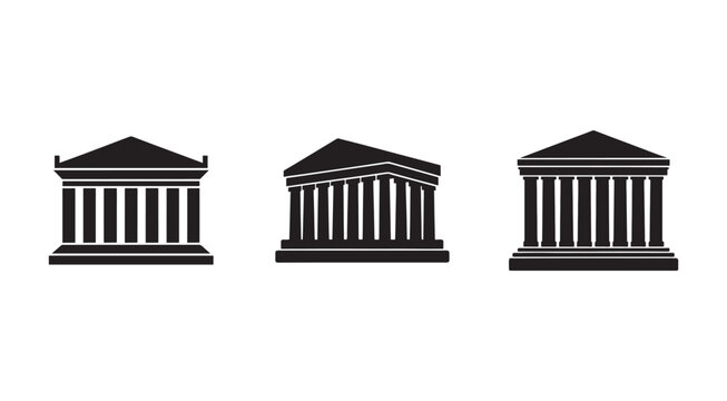 Blackandwhite illustration of three ancient greek or roman temple silhouettes with columns and triangular roofs in different angles  iconic architectural designs