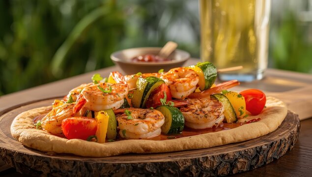 Skewers of grilled shrimp on flatbread with colorful vegetables and zesty sauce