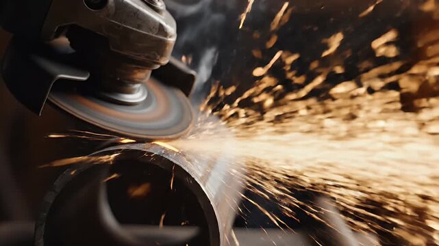 Grinding metal pipe, creating a shower of bright orange sparks and smoke