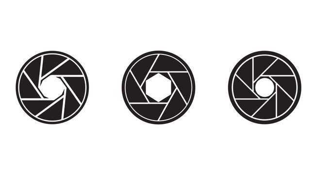 Camera shutter icons set  three black and white camera shutters  photography symbols