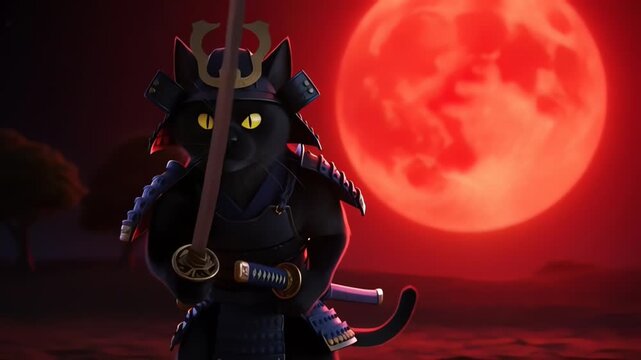 Samurai Black Cat Warrior Unsheathing Katana Under Red Blood Moon