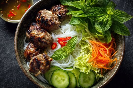 ハノイで新鮮なハーブや野菜と一緒にブンチャを楽しむ