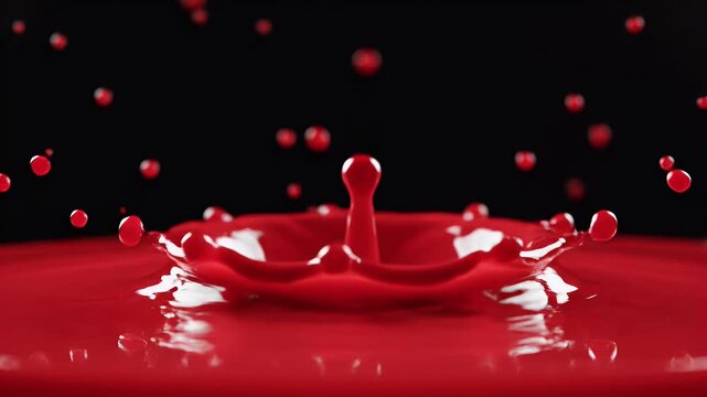 Vivid red liquid splashes upwards creating a dynamic crown shape on a dark background