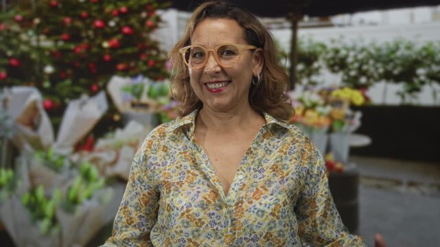 Woman points thumbs to chest in flower shop among bouquets and outdoor stalls; confidence self affirmation.