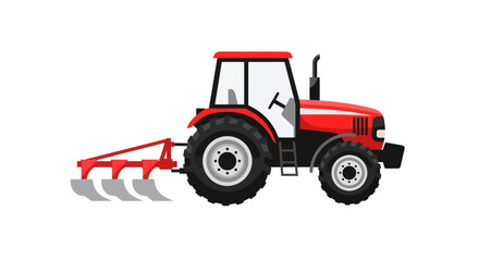 Naklejka premium Red Tractor with Plow Attached Side.