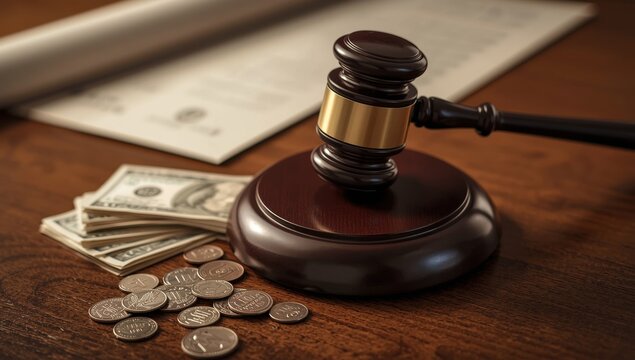 Spousal support. Cash near a judge's hammer and block on a wooden surface, zoomed in