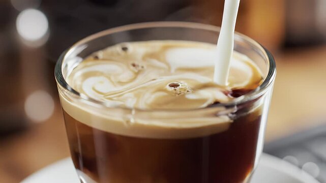 Cream swirls into dark liquid in a clear glass, creating beautiful patterns